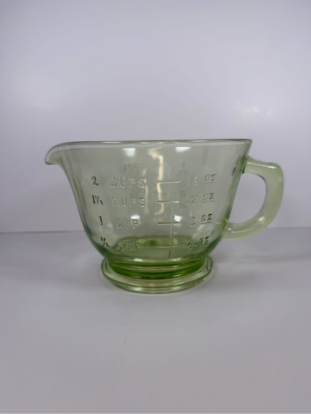 Vintage Fire King Uranium Glass Batter Bowl Measuring 2 Cup Green Vaseline